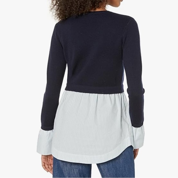 Club Monaco Blue White/Blue Striped Berdine Wool Bell Cuffs Sweater Shirt S/P - Picture 2 of 15